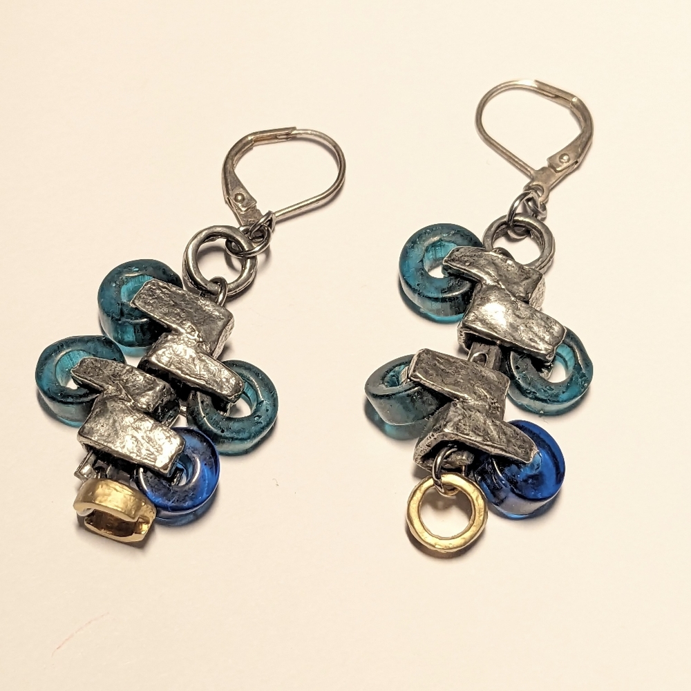Anne-Marie Chagnon cluster earrings blue teal glass gold circles leverbacks